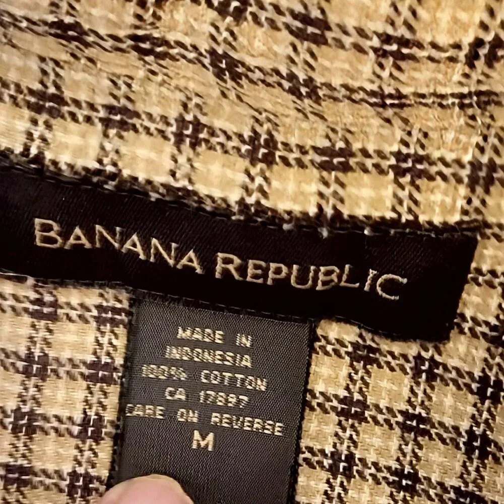 Banana Repulbic Mens Long Sleeve Shirt, Check Design, Button Down Collar, Brown